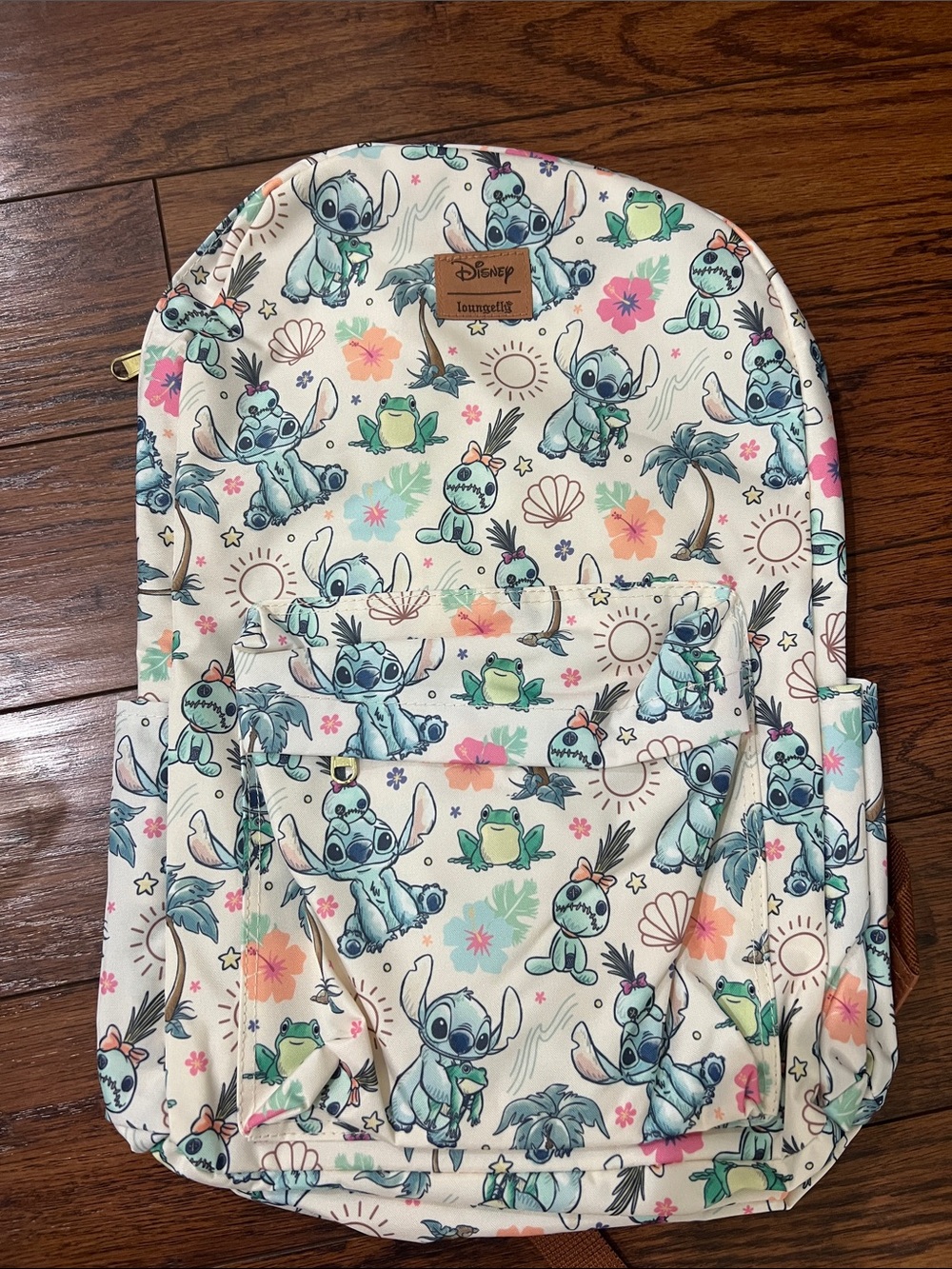Disney Loungefly Cream Backpack with Aqua Stitch & Green Frog Print